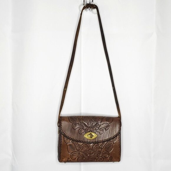 Vintage Leather Tooled Saddle Bag Purse Brown Floral Western Cowgirl Jo-O-Kay - Picture 10 of 16